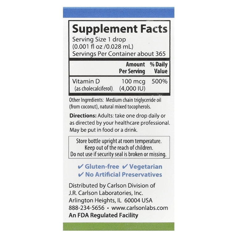 Carlson, Super Daily® D3, 100 мкг (4000 МЕ), 10,3 мл (0,35 жидк. Унции)