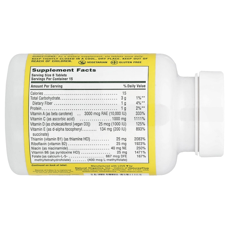NaturesPlus, Source of Life, оригинальные мини-таблетки, мультивитаминная и минеральная добавка, без железа, 90 таблеток