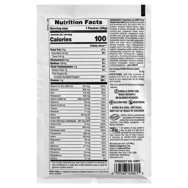 NaturesPlus, Spiru-Tein®, протеиновый порошок, со вкусом ванили, 8 пакетиков по 30 г (1,06 унции) (Товар снят с продажи) 