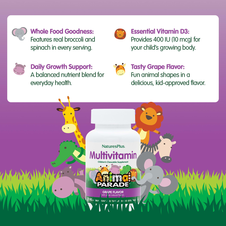 NaturesPlus, Animal Parade®, жевательные мультивитамины для детей, со вкусом винограда, 90 таблеток в форме животных