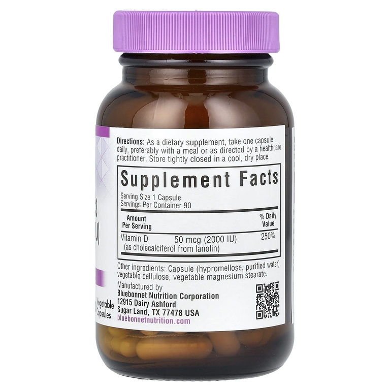 Bluebonnet Nutrition, витамин D3, 50 мкг (2000 МЕ), 90 растительных капсул