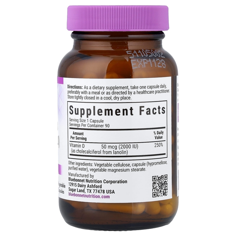 Bluebonnet Nutrition, витамин D3, 50 мкг (2000 МЕ), 90 растительных капсул