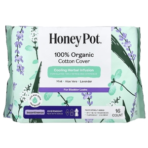 The Honey Pot Company, 100% органический хлопковый чехол, охлаждающий травяной настой, прокладки с крыльями, недержание на ночь, 16 шт.