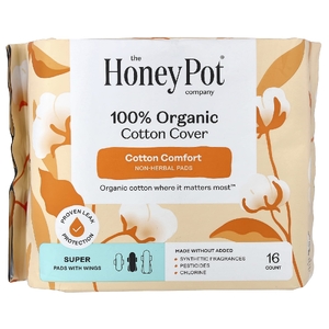 The Honey Pot Company, прокладки из 100% органического хлопка, не на основе трав, с крылышками, супер, 16 шт.
