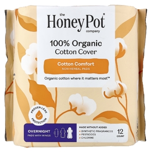 The Honey Pot Company, прокладки с крылышками из 100% органического хлопка, не травяные, ночные, 12 штук