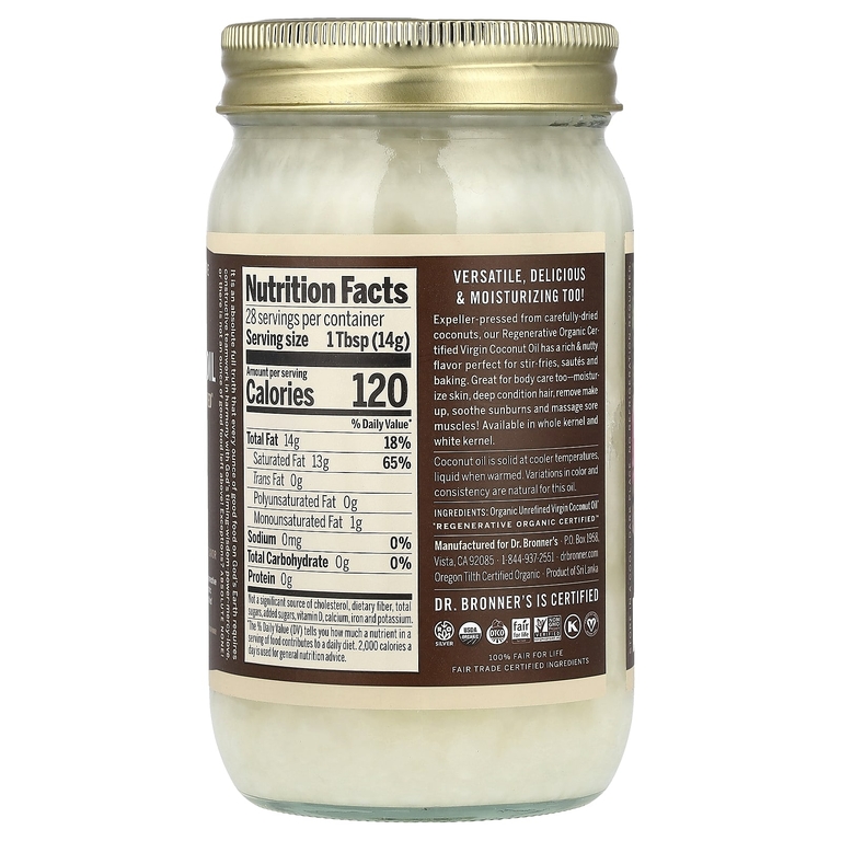 Dr. Bronner's, нерафинированное кокосовое масло первого отжима, из цельных ядер, 414 мл (14 жидк. унций)