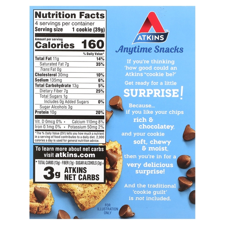 Atkins, Everytime Snacks, протеиновое печенье, с шоколадной крошкой, 4 шт. по 39 г (1,38 унции)