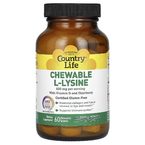 Country Life, жевательный L-лизин с витамином D и бузиной, с насыщенным вкусом апельсина, 60 жевательных таблеток
