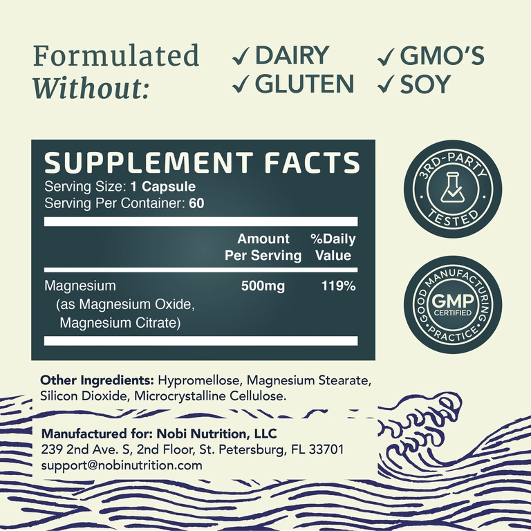 Nobi Nutrition, комплекс цитрата магния с оксидом магния, для максимального усвоения, 500 мг, 60 капсул