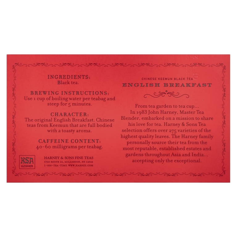 Harney & Sons, Китайский черный чай кимун, английский завтрак, 50 чайных пакетиков, 90 г (3,17 унции)