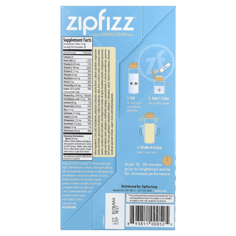 Zipfizz, Энергетическая смесь для здорового спорта с витамином B12, апельсиновый крем, 20 тюбиков по 11 г (0,39 унции)