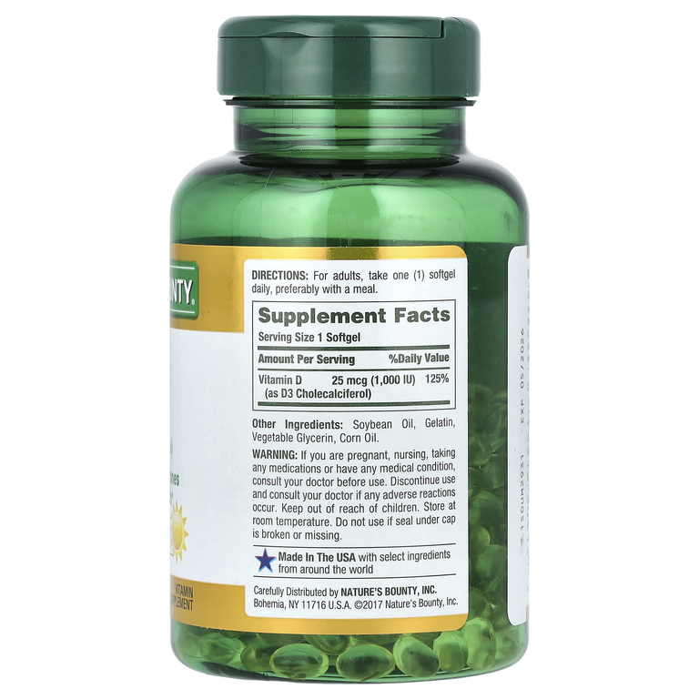 Nature's Bounty, D3, Immune Health, 25 мкг (1000 МЕ), 350 мягких таблеток с быстрым высвобождением
