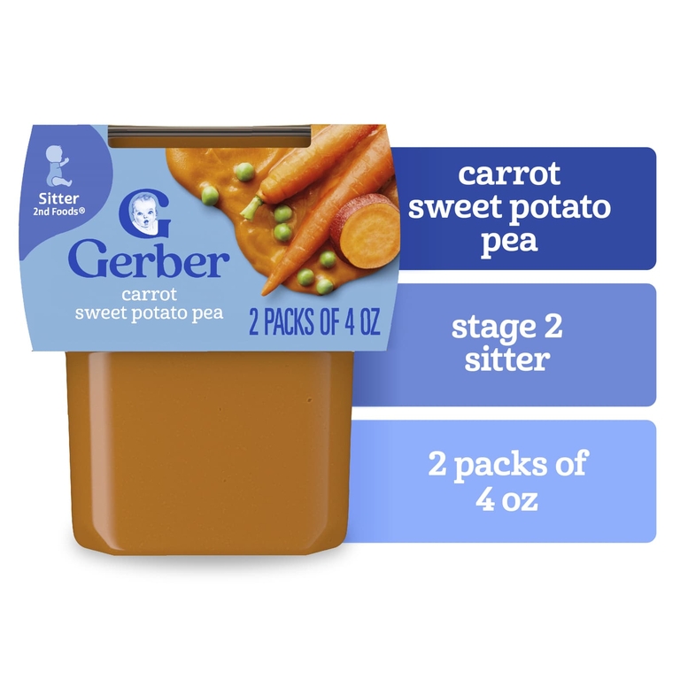 Gerber, 2nd Foods®, овощные смеси, для детей от 6 месяцев, морковь, батат и горох, 2 упаковки по 113 г (4 унции) (Товар снят с продажи) 