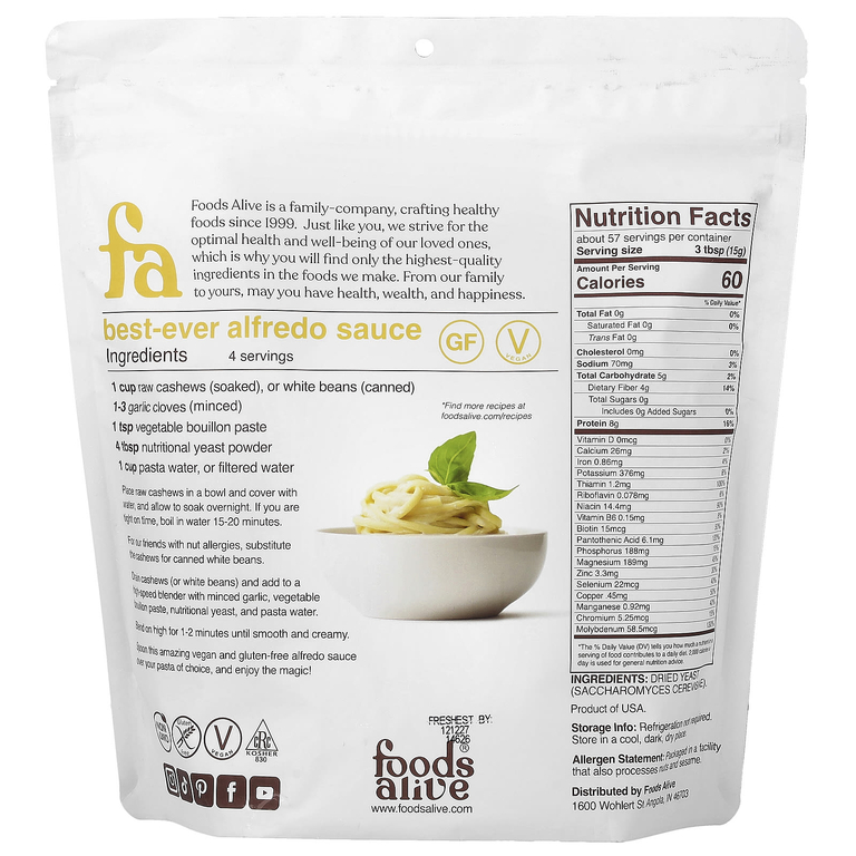 Foods Alive, пищевые дрожжи в хлопьях, необогащенные, 907 г (2 фунта)