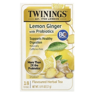 Twinings, ароматизированный травяной чай, лимон и имбирь с пробиотиками, без кофеина, 18 чайных пакетиков, 27 г (0,95 унции)