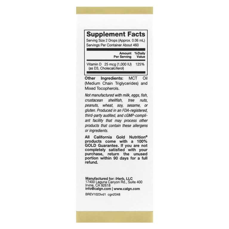 California Gold Nutrition, витамин D3, 25 мкг (1000 МЕ), 30 мл (1 жидк. унция) (Товар снят с продажи) 