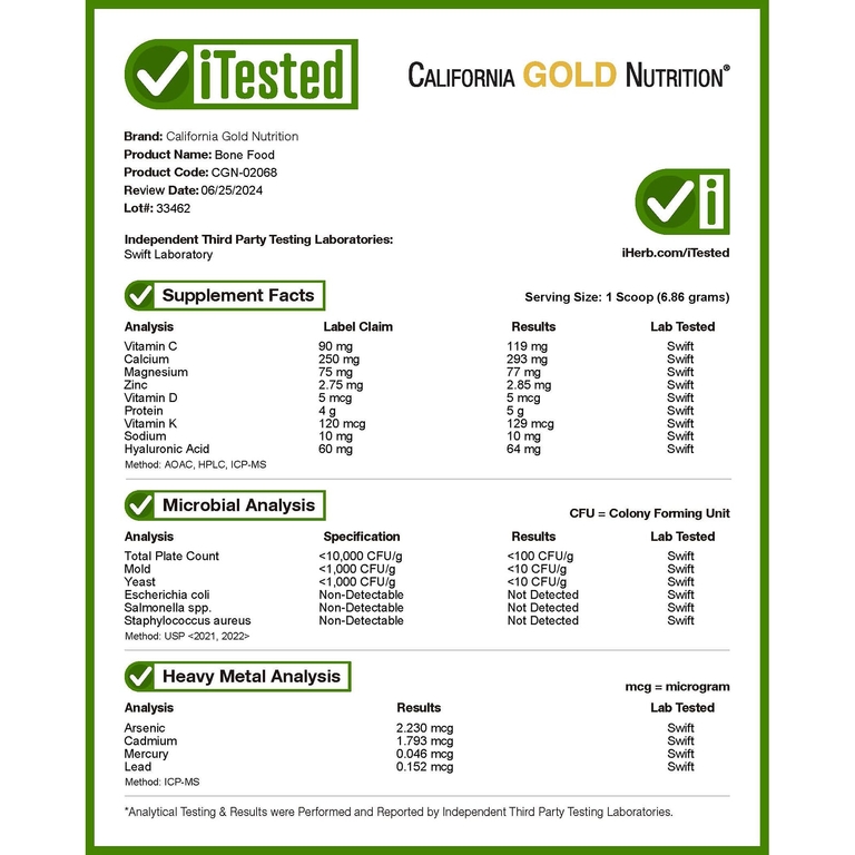 California Gold Nutrition, Bone Food с пептидами коллагена, гиалуроновой кислотой, витаминами и минералами, без ароматизаторов, 411 г (14,5 унции)
