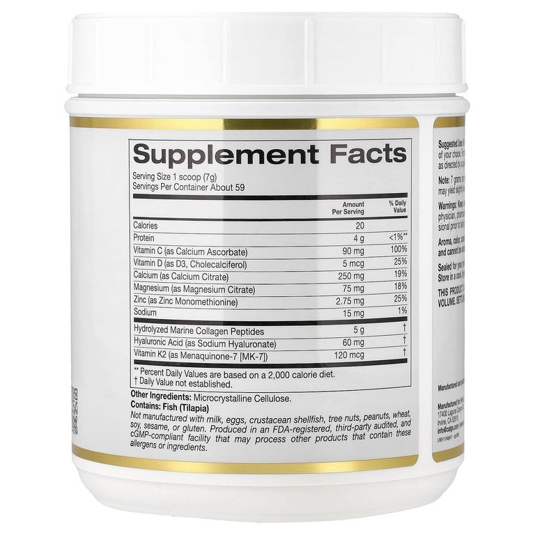 California Gold Nutrition, Bone Food с пептидами коллагена, гиалуроновой кислотой, витаминами и минералами, без ароматизаторов, 411 г (14,5 унции)