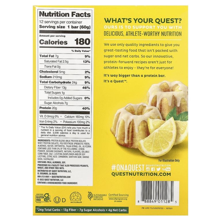 Quest Nutrition, протеиновый батончик, вкус лимонного пирога, 12 батончиков, 60 г (2,12 унции) каждый