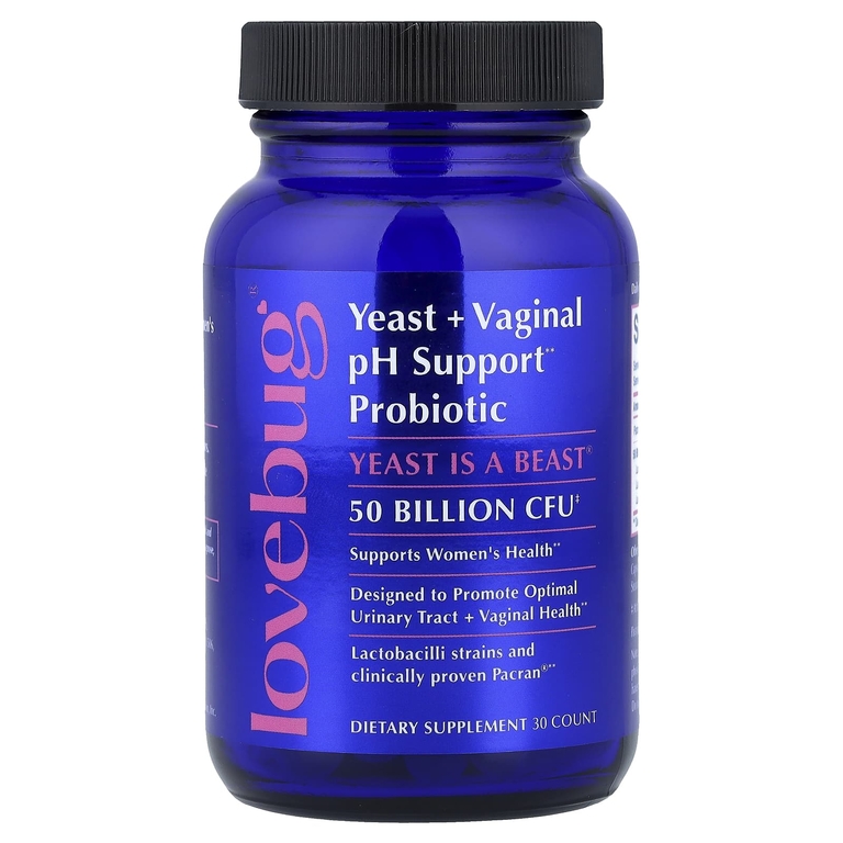 LoveBug Probiotics, дрожжи и пробиотик для поддержания уровня pH во влагалище, 50 млрд КОЕ, 30 капсул