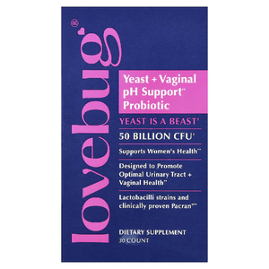 LoveBug Probiotics, дрожжи и пробиотик для поддержки уровня pH влагалища, 50 млрд КОЕ, 30 капсул