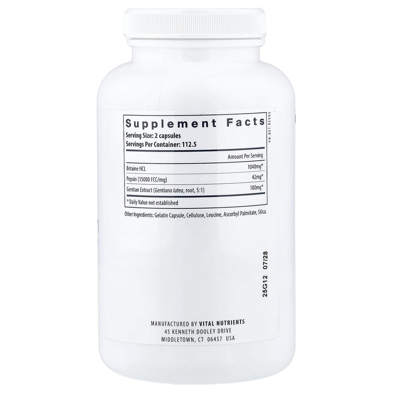 Vital Nutrients, бетаин гидрохлорид пепсин с экстрактом корня горечавки, 225 капсул