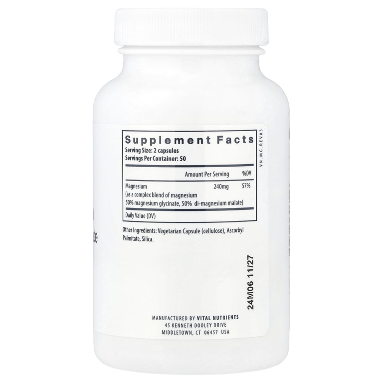 Vital Nutrients, глицинат магния с малатом, 100 веганских капсул (120 мг в 1 капсуле)