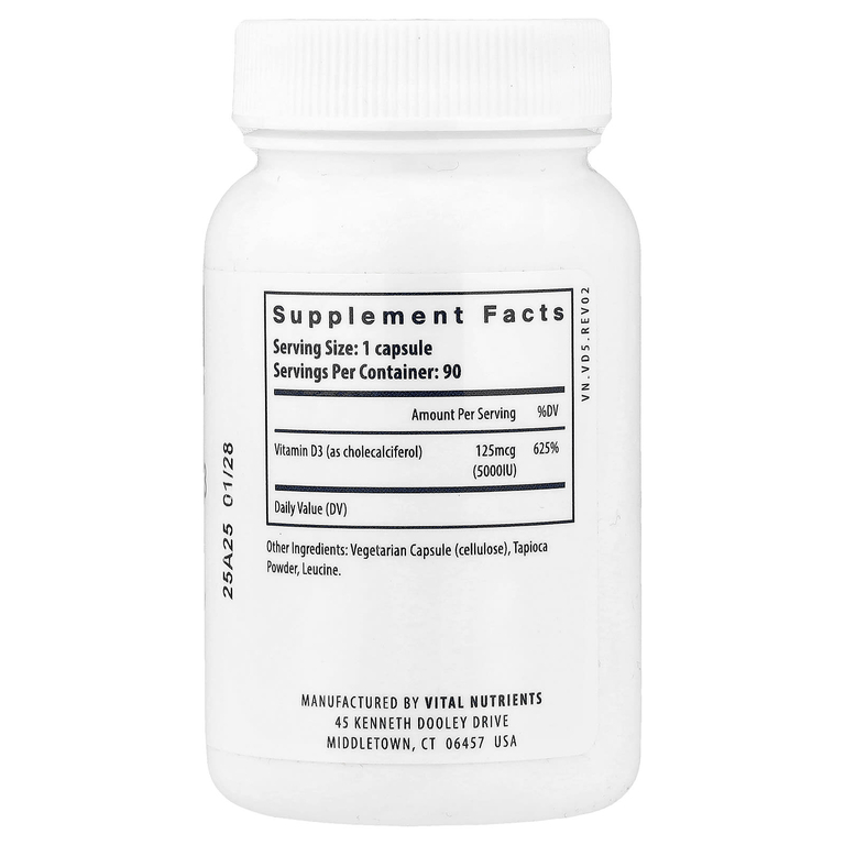 Vital Nutrients, Витамин D3, 5000 МЕ, 90 вегетарианских капсул