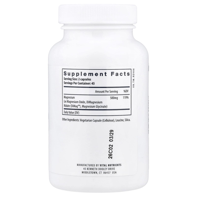 Vital Nutrients, Комплекс тройного магния, 500 мг, 90 веганских капсул (250 мг в 1 капсуле)