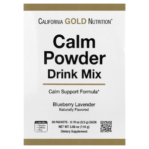 California Gold Nutrition, Calm, успокаивающая порошковая смесь для приготовления напитков с калием и смесью AminoCalm, L-триптофаном и L-теанином, голубика и лаванда, 20 пакетиков по 5,5 г (0,19 унции)