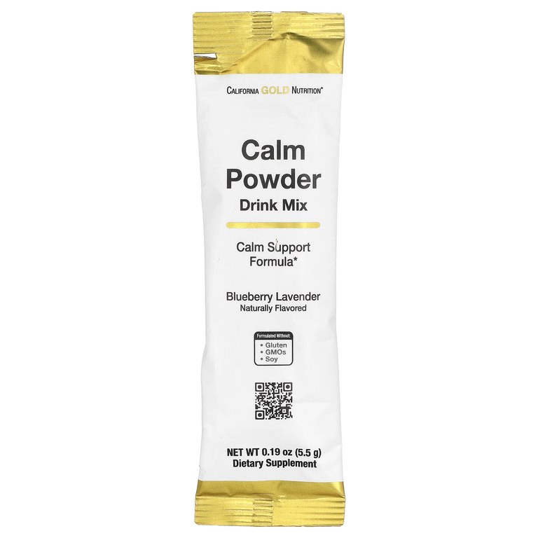 California Gold Nutrition, Calm, успокаивающая порошковая смесь для приготовления напитков с калием и смесью AminoCalm, L-триптофаном и L-теанином, голубика и лаванда, 20 пакетиков по 5,5 г (0,19 унции)
