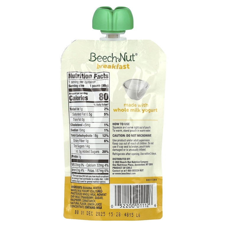Beech-Nut, завтрак, для детей от 12 месяцев, йогурт с бананом и ягодами, 12 паучей по 99 г (3,5 унции)