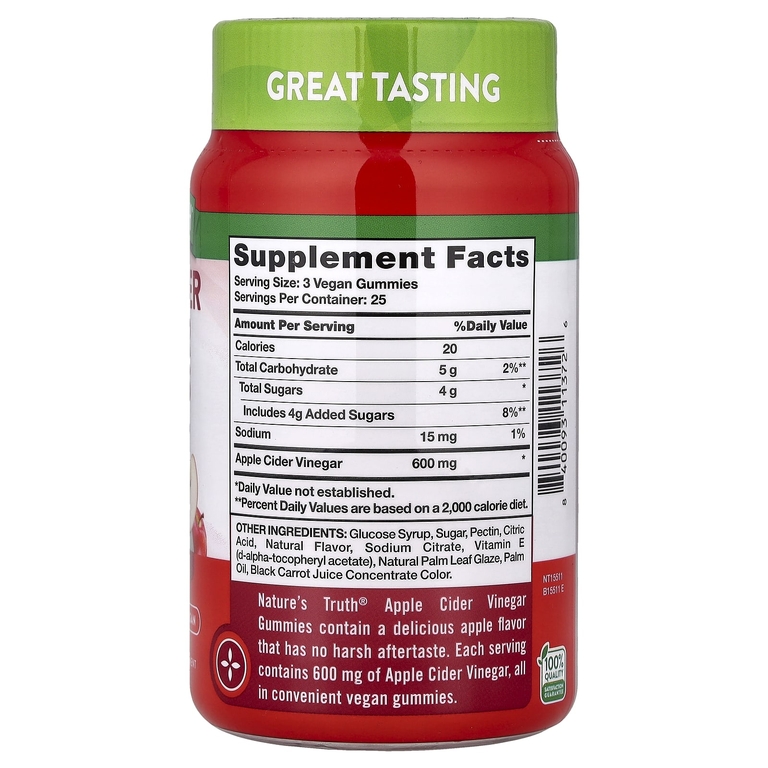 Nature's Truth, яблочный уксус в жевательных таблетках, со вкусом яблока, 75 жевательных таблеток