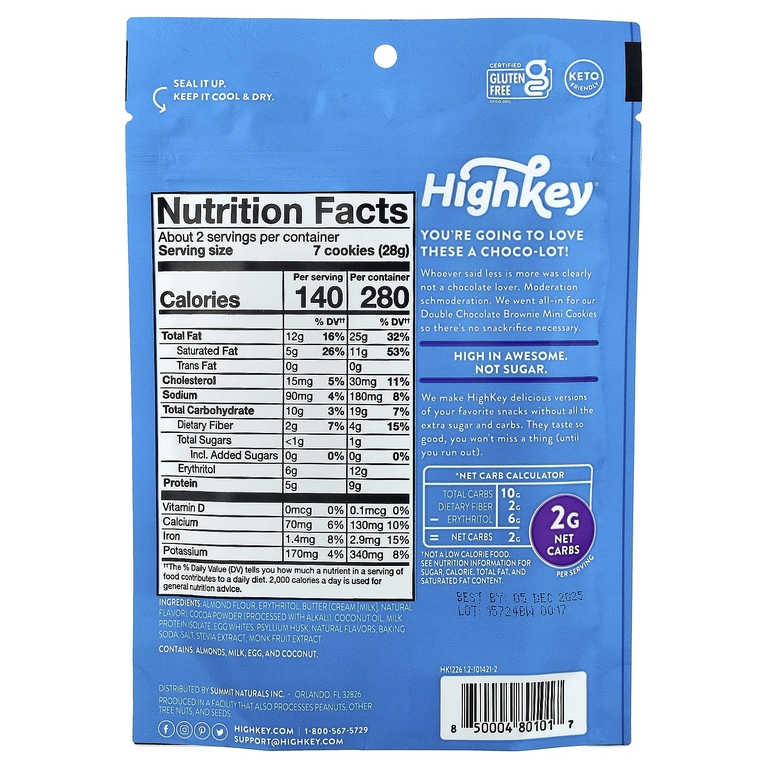 HighKey, Mini Cookies, двойной шоколадный брауни, 56,6 г (2 унции)