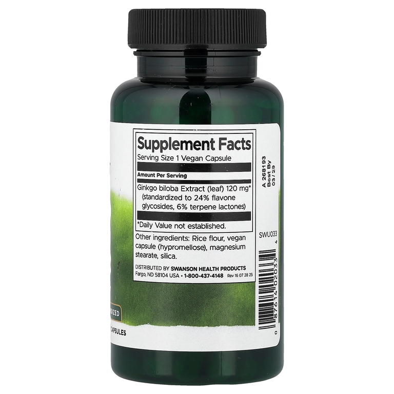Swanson Vitamins, экстракт гинкго билоба, стандартизованный, 120 мг, 100 веганских капсул