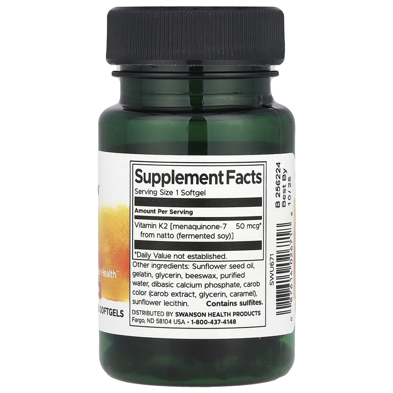 Swanson Vitamins, Натуральный витамин K2, 50 мкг, 30 мягких таблеток