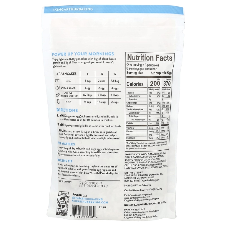 King Arthur Baking Company, Безглютеновая протеиновая смесь для блинов, 340 г (12 унций)