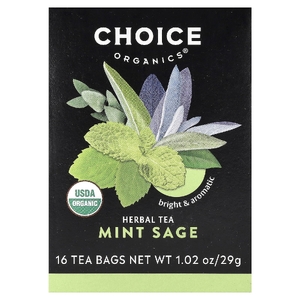 Choice Organics, травяной чай, мята и шалфей, без кофеина, 16 чайных пакетиков, 29 г (1,02 унции)