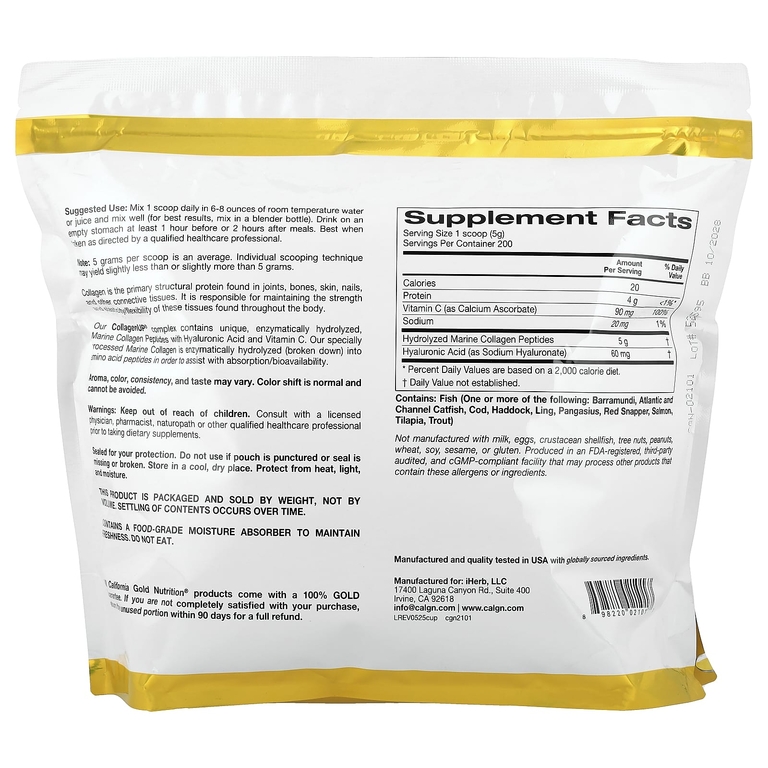 California Gold Nutrition, CollagenUP®, гидролизованные пептиды морского коллагена с гиалуроновой кислотой и витамином C, с нейтральным вкусом, 1 кг (2,2 фунта)
