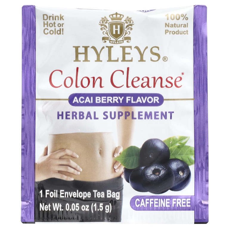Hyleys Tea, Colon Cleanse, ягоды асаи, без кофеина, 25 чайных пакетиков в фольге, 37,5 г (1,32 унции)