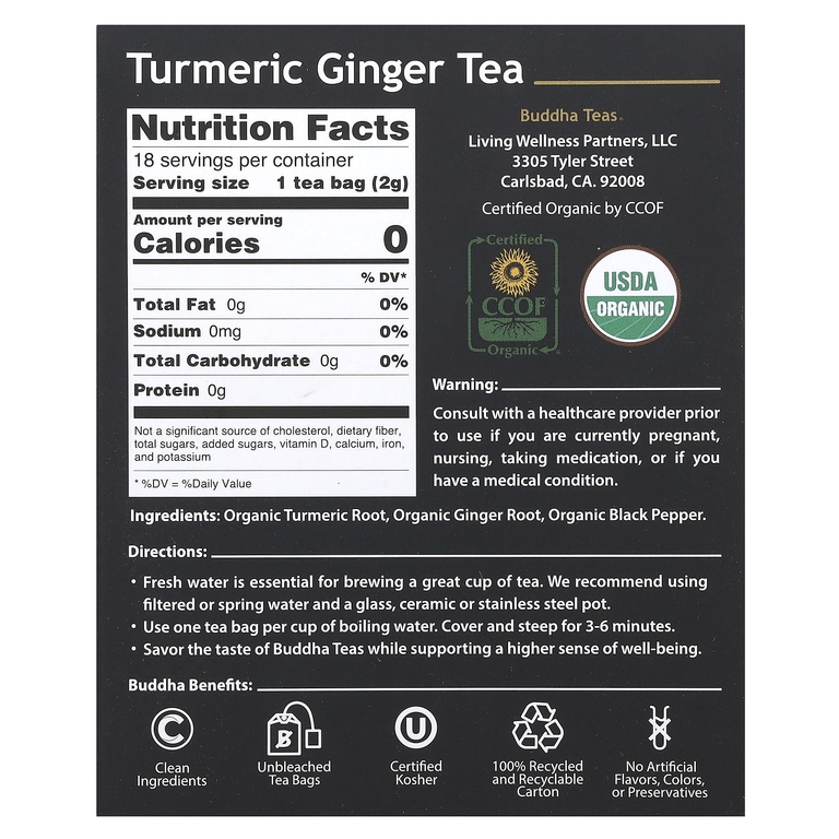 Buddha Teas, Organic Herbal Tea, куркума и имбирь, без кофеина, 18 чайных пакетиков, 36 г (1,27 унции)