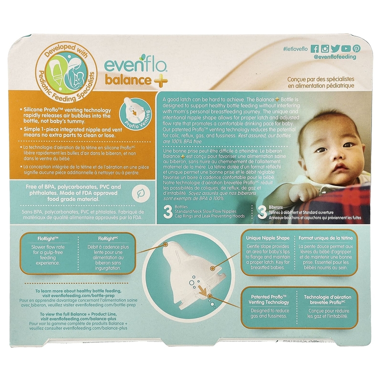 Evenflo Feeding, Balance +, стандартные, для детей от 0 месяцев, с медленным потоком, 3 флакона по 120 мл (4 унции)