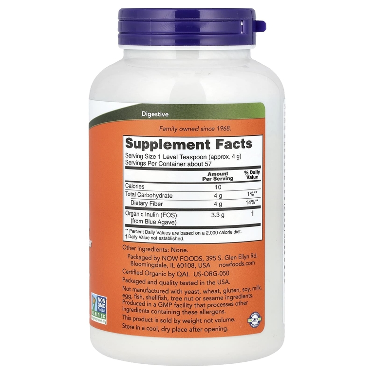 NOW Foods, сертифицированный органический инулин, чистый пребиотик в порошке, 227 г (8 унций)