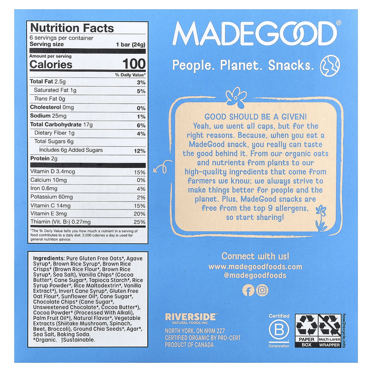 MadeGood, Органические жевательные батончики гранолы, печенье и сливки, 6 батончиков, 24 г каждый (Товар снят с продажи) 