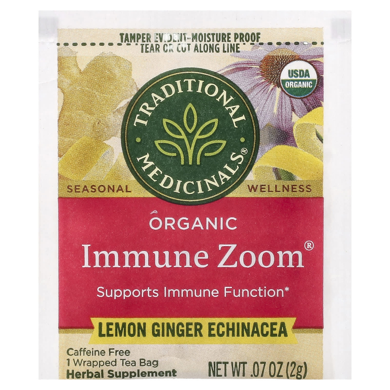 Traditional Medicinals, Organic Immune Zoom®, эхинацея с лимоном и имбирем, без кофеина, 16 чайных пакетиков в упаковке, 32 г (1,13 унции)
