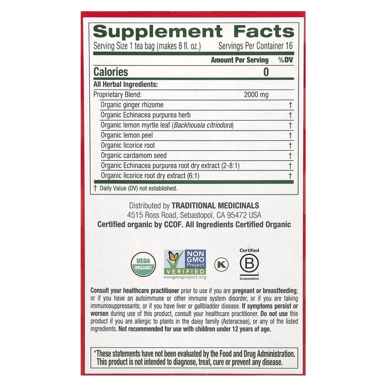 Traditional Medicinals, Organic Immune Zoom®, эхинацея с лимоном и имбирем, без кофеина, 16 чайных пакетиков в упаковке, 32 г (1,13 унции)