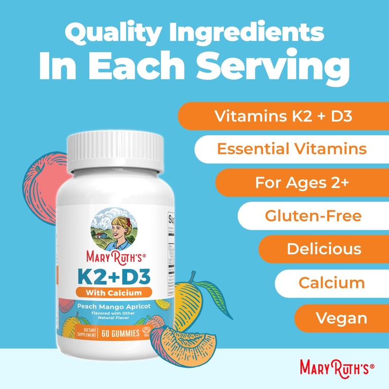 MaryRuth's, витамины K2 и D3 с кальцием в жевательных таблетках, со вкусом персика, манго и абрикоса, 60 жевательных таблеток