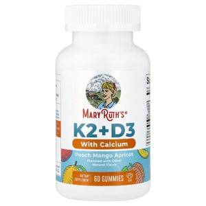 MaryRuth's, витамины K2 и D3 с кальцием в жевательных таблетках, со вкусом персика, манго и абрикоса, 60 жевательных таблеток