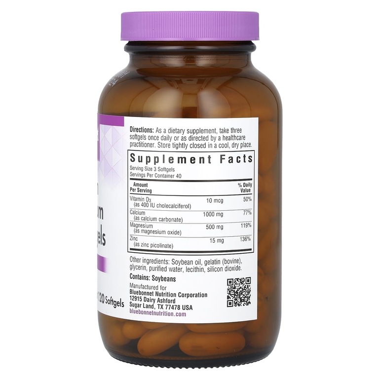Bluebonnet Nutrition, кальций, магний, цинк, 120 мягких желатиновых капсул