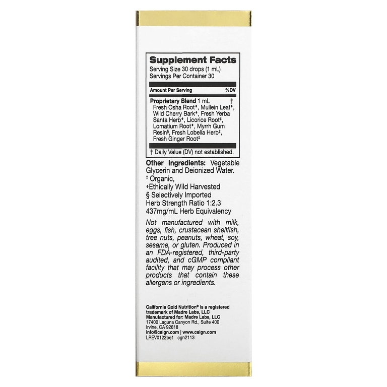 California Gold Nutrition, добавка для здоровья бронхов с запатентованной смесью свежего корня оша, листьев коровяка и коры дикой вишни, 30 мл (1 жидк. унция)